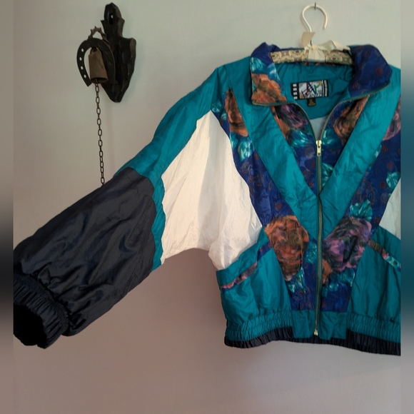Vintage 90s River Edge Nylon Windbreaker Floral Colorblock Jacket Petite Medium - Picture 2 of 7